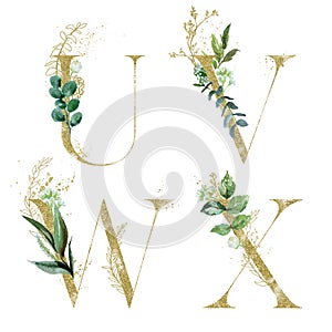 Gold Floral Alphabet Set - letters U, V, W, X with green botanic branch bouquet composition. Unique collection for wedding invites