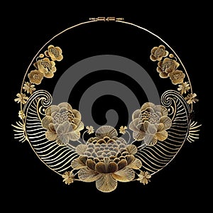 Gold floral asian japanese chinese style 3d neckline necklace with golden textured surface flowers and lines. Beautiful neckline
