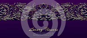 Gold floral luxury ornament banner, vector illustration. Flyer layout templates for wedding cards, save the date