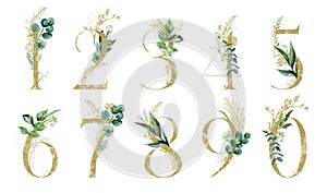 Gold Floral Number Set - digits 1, 2, 3, 4, 5, 6, 7, 8, 9, 0 with green botanic branch bouquet composition. Unique collection for photo