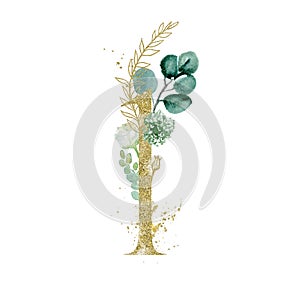 Gold Floral Numbers - digit 1 with green botanic branch bouquet composition. Unique collection for wedding invites decoration,