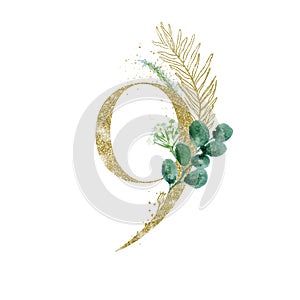 Gold Floral Numbers - digit 9 with green botanic branch bouquet composition. Unique collection for wedding invites decoration,