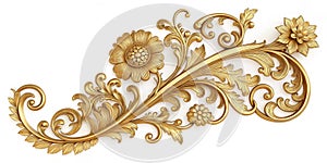 Gold Floral Ornament, 3D Render, Isolated on White Background, Baroque, Rococo Gold Ornament, 3D rendering