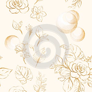 Gold floral seamless pattern of brown watercolor roses and wild flowers arrangements on cream background for fashion, print,