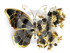 Gold flower butterfly with black orchid