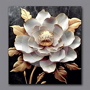 Gold Flower Painting On Marble: Porcelain Style With Realistic Light And Color