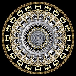 Gold flower. Round greek style mandala pattern. Ornamental glowing Deco background. Textured floral golden ornament. Beautiful