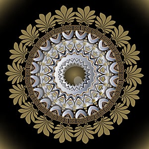 Gold flower. Round greek style mandala pattern. Ornamental glowing Deco background. Textured floral golden ornament. Beautiful