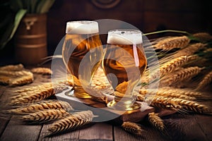 gold foam beverage lager alcohol pint glass beer drink pub. Generative AI.