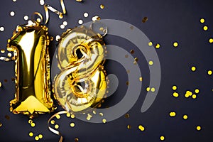 Gold foil balloon number, digit eighteen. Birthday greeting card, inscription 18. Anniversary celebration. Banner