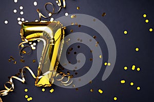 Gold foil balloon number and digit seven 7. Birthday greeting card. Anniversary celebration event. Banner. Copy space