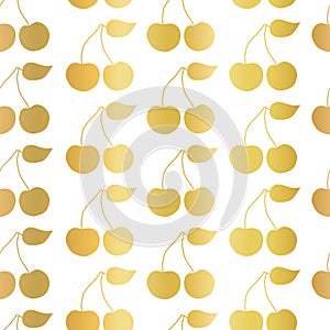 Gold foil Cherry seamless vector pattern on a white background. Golden cherries with leaves. Great for home decor, birthday,