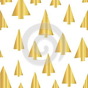 Gold foil christmas tree seamless vector pattern backdrop. Shiny golden texture doodle Christmas trees on white background.