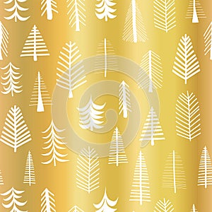 Gold foil christmas tree seamless vector pattern backdrop. White doodle trees on metallic shiny golden background. Elegant design