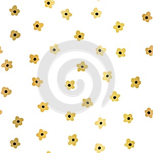 Gold foil ditsy flowers seamless vector background white. Floral repeating pattern small flowers. Elegant metallic golden Ditsy