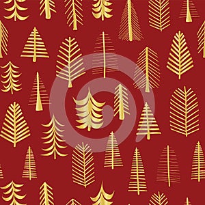 Gold foil doodle Christmas trees seamless vector pattern backdrop. Metallic shiny golden trees on red background. Elegant design