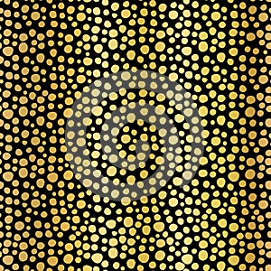Gold foil dots seamless vector pattern background. Shiny metallic golden irregular circle shapes on black backdrop. Elegant design