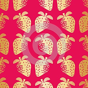 Gold foil effect strawberry seamless vector pattern background. Stencilled berries warm pink backdrop with textured