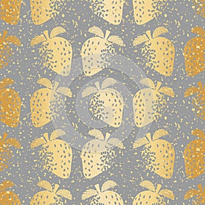 Gold foil effect strawberry seamless vector pattern background. Stencilled berries on warm yellow grey backdrop with