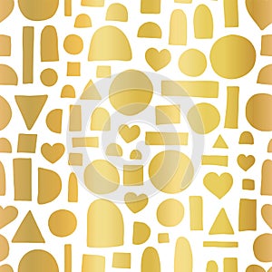 Gold foil geometric doodle shape seamless vector pattern. Hand drawn golden heart, circle, half circle, rectangle abstract shapes