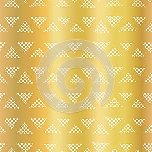 Gold foil geometric triangle seamless vector pattern. Triangle lines on shiny golden background. Elegant design for digital paper,