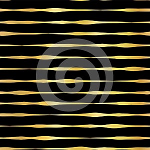 Gold foil hand drawn horizontal lines seamless vector pattern. Golden wavy irregular stripes on black background. Elegant design