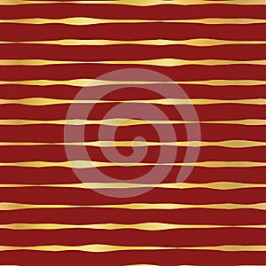 Gold foil hand drawn horizontal lines seamless vector pattern. Shiny metallic wavy irregular stripes on red background. Elegant