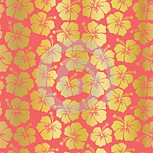 Gold foil Hibiscus flowers on coral background seamless vector pattern. Trend color. Floral feminine backdrop. For summer,