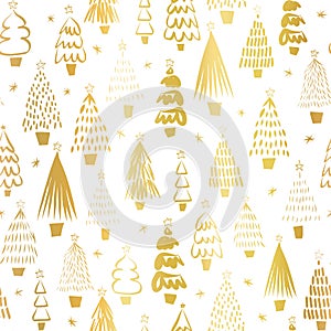 Gold foil metallic Christmas trees on white seamless vector pattern. Modern golden abstract doodle holiday background