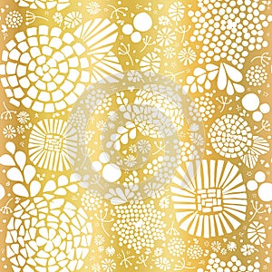 Gold foil mosaic flowers seamless vector background. White abstract florals and leaves on golden background. Elegant, luxurious