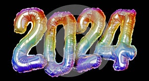 Gold foil numbers 2024 concept new year with balloons on black background