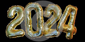 Gold foil numbers 2024 concept new year with balloons on black background