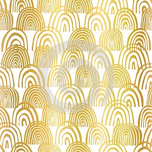 Gold foil rainbow shapes seamless vector pattern. Golden abstract half circles on white background. Elegant design for banners,