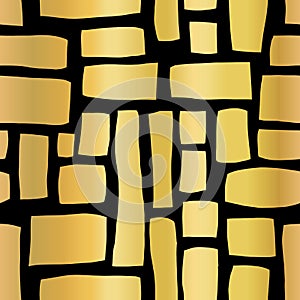 Gold foil Rectangle shapes hand drawn abstract seamless vector pattern. Metallic shiny blocks on black background. Hand drawn