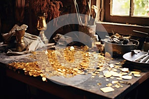 gold foil scraps and remnants on a workshop table