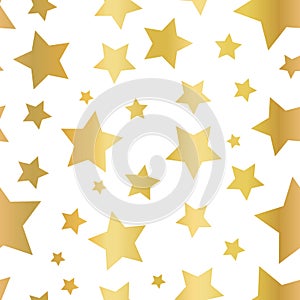 Gold foil star shapes seamless vector pattern. Golden stars on white background. Gold night sky. Elegant and fancy design for web