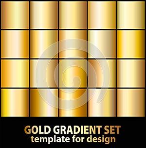 Gold foil texture background set. Realistic golden, copper vector elegant, brass and metal gradient template for gold