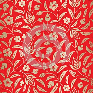 Gold Foil Traditional Chintz Floral Vector Seamless Pattern on Red Background. Classic Background