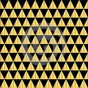 Gold foil triangle geometric seamless vector pattern. Golden shiny triangle shapes on black background. Elegant art for web