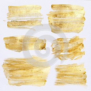 Gold Foil Watercolor Texture Paint Stain Abstract Illustration Set. Yellow shining brush stroke