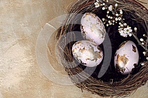 Gold foiled painted easter eggs in a nest, decorated with a cherry blossom branch. Top view, copy space for text