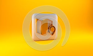 Gold Folded map with location marker icon isolated on yellow background. Silver square button. 3D render illustration