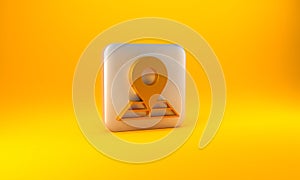 Gold Folded map with location marker icon isolated on yellow background. Silver square button. 3D render illustration