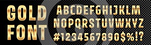 Gold font numbers and letters alphabet typography. Vector golden font type with 3d gold effect photo