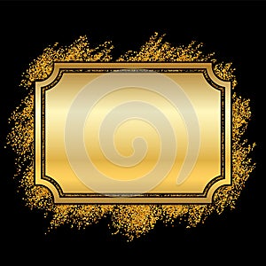 Gold frame. Beautiful golden glitter design. Vintage style decorative border, isolated black background. Deco elegant