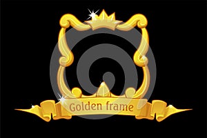 Gold frame with crown, square template with award ribbon for ui game.