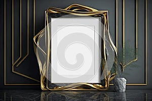 Gold frame in dark modern interior Mockup. Template of an empty framing. Generative Ai