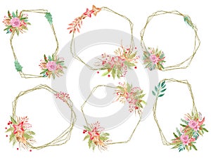 Gold frame design with Christmas flower arrangement. Element for decorating greeting cards, wedding invitations and