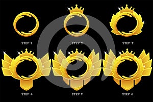 Gold frame game rank, round avatar template 6 steps animation drawing for game.