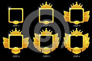 Gold frame game rank, square avatar template 6 steps animation for ui game.